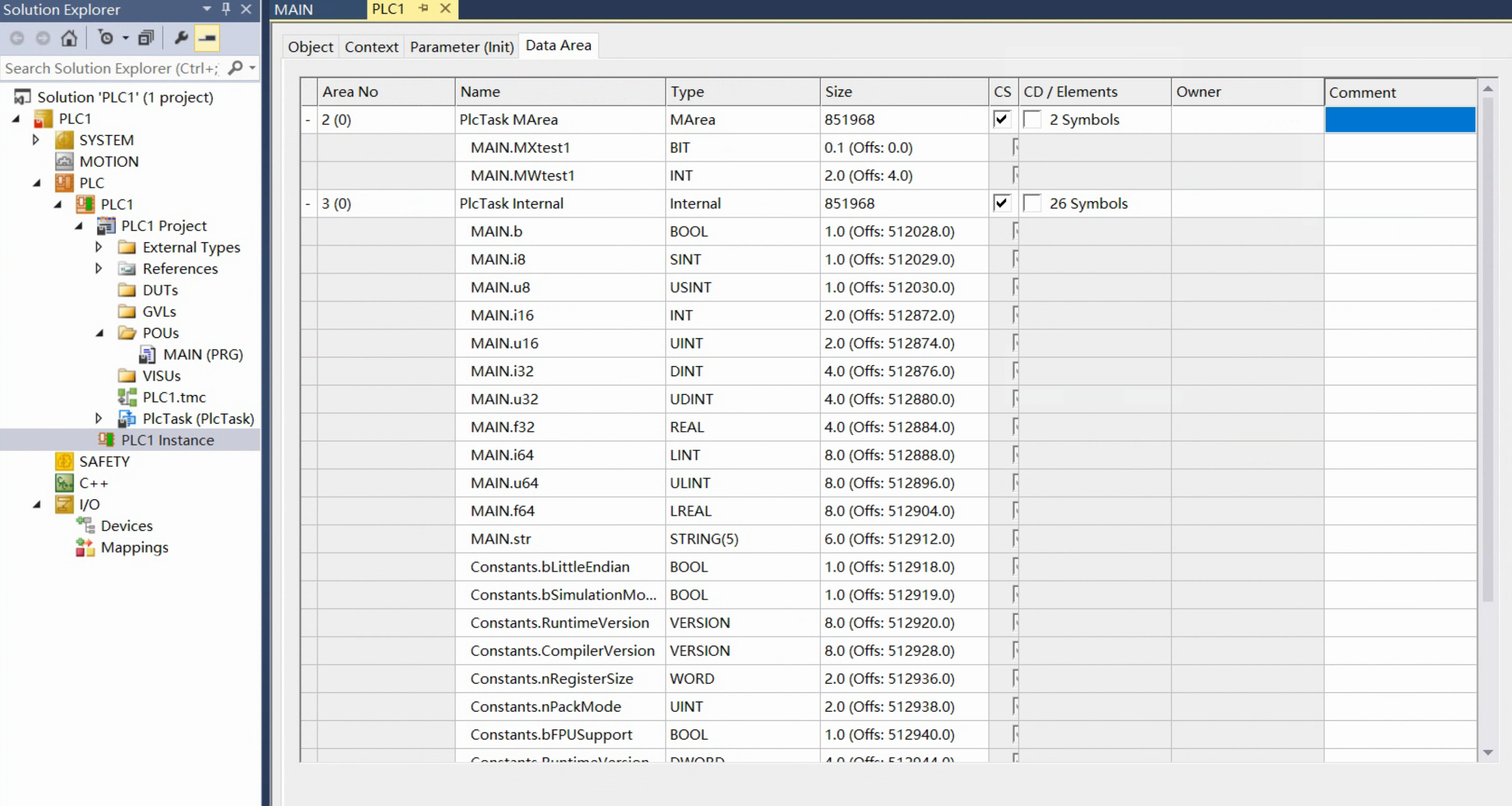 TwinCAT PLC data area tab