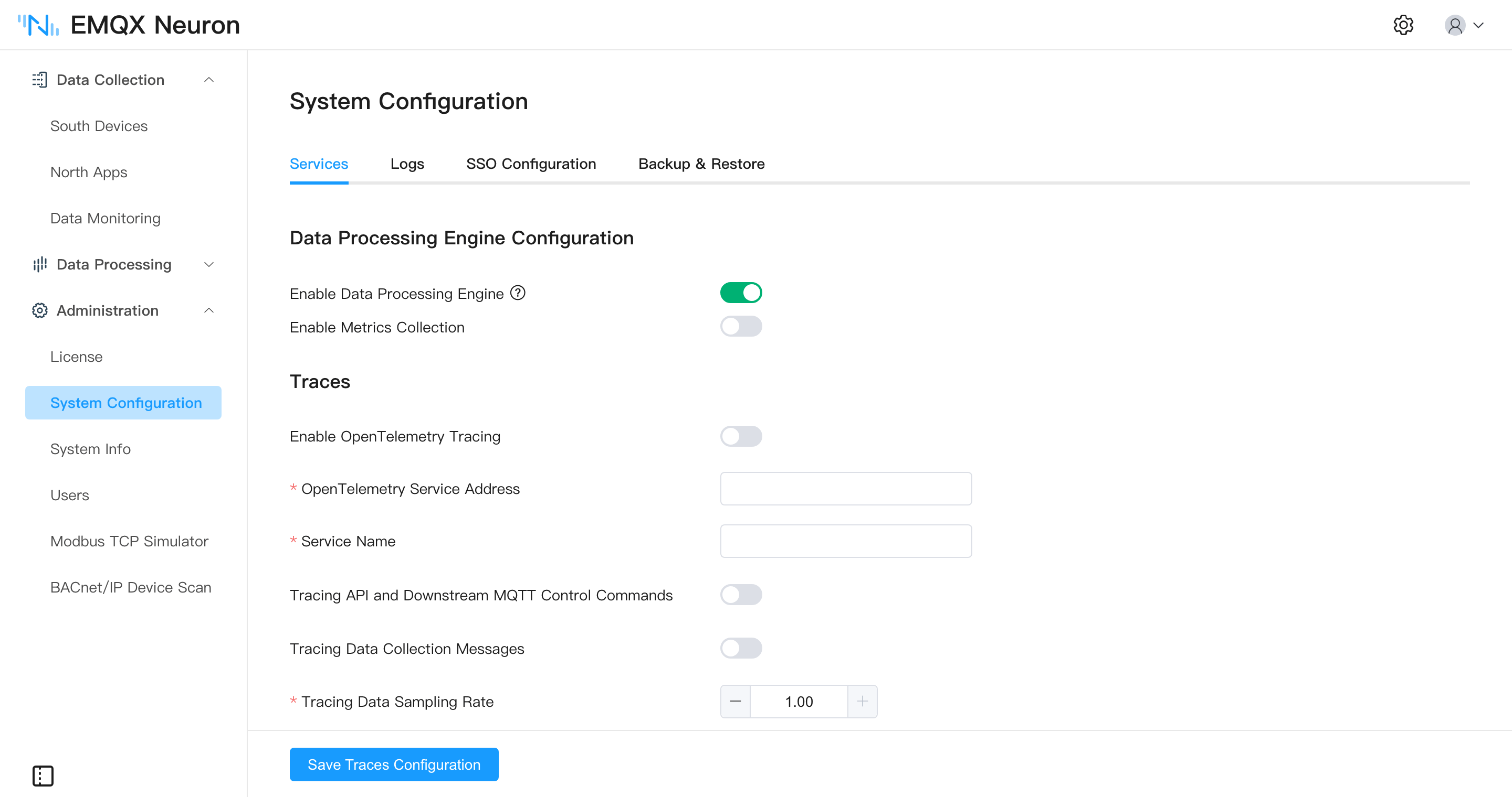 The data processing engine switch on the System Configuration page
