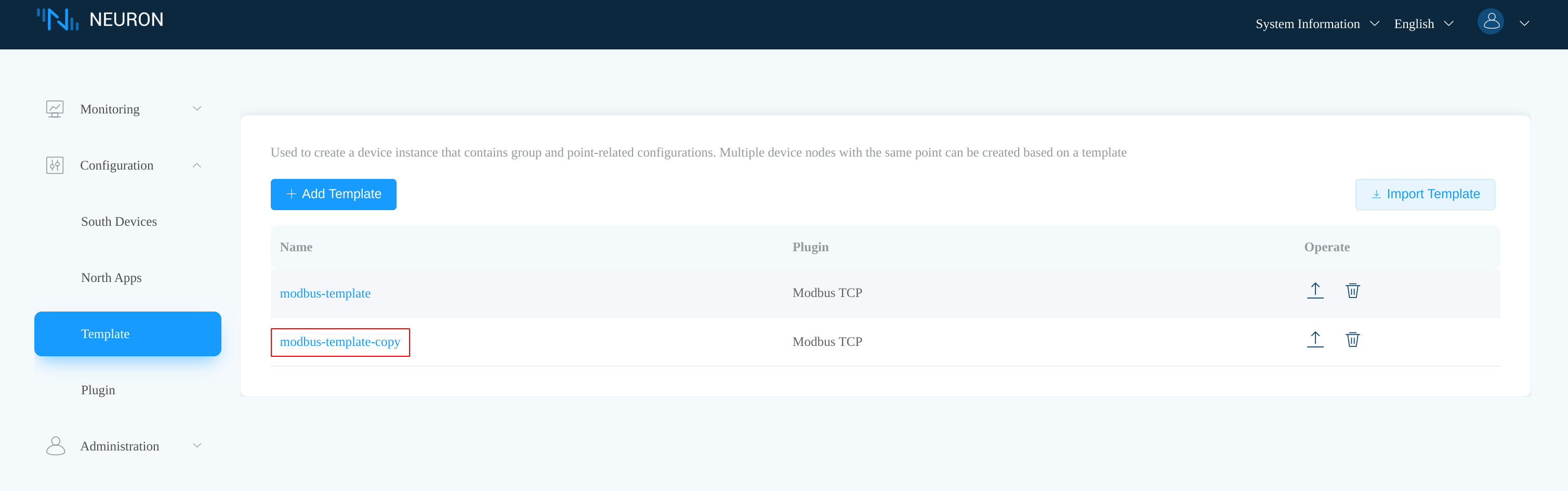 Template import result
