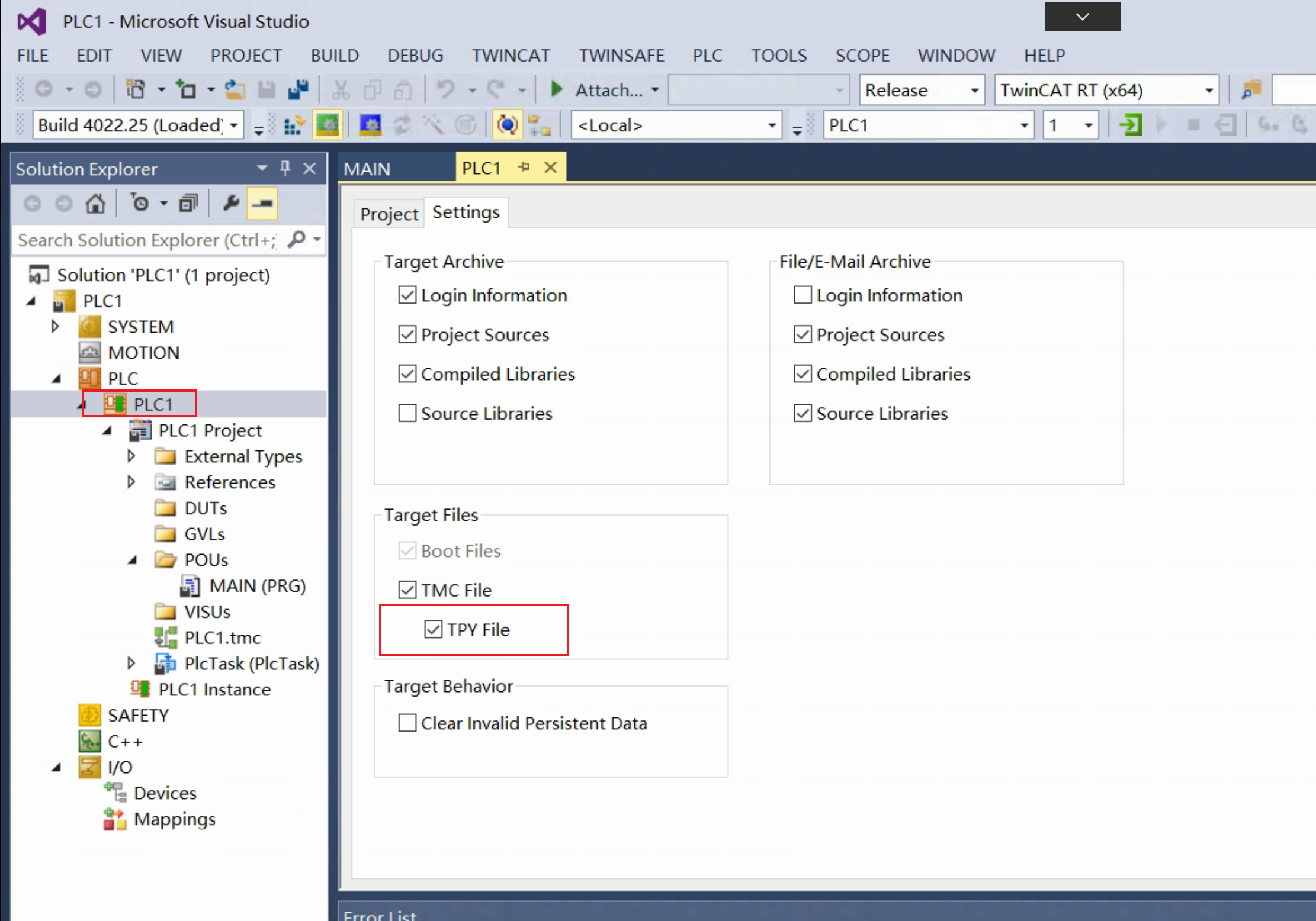 TwinCAT PLC project setting tab