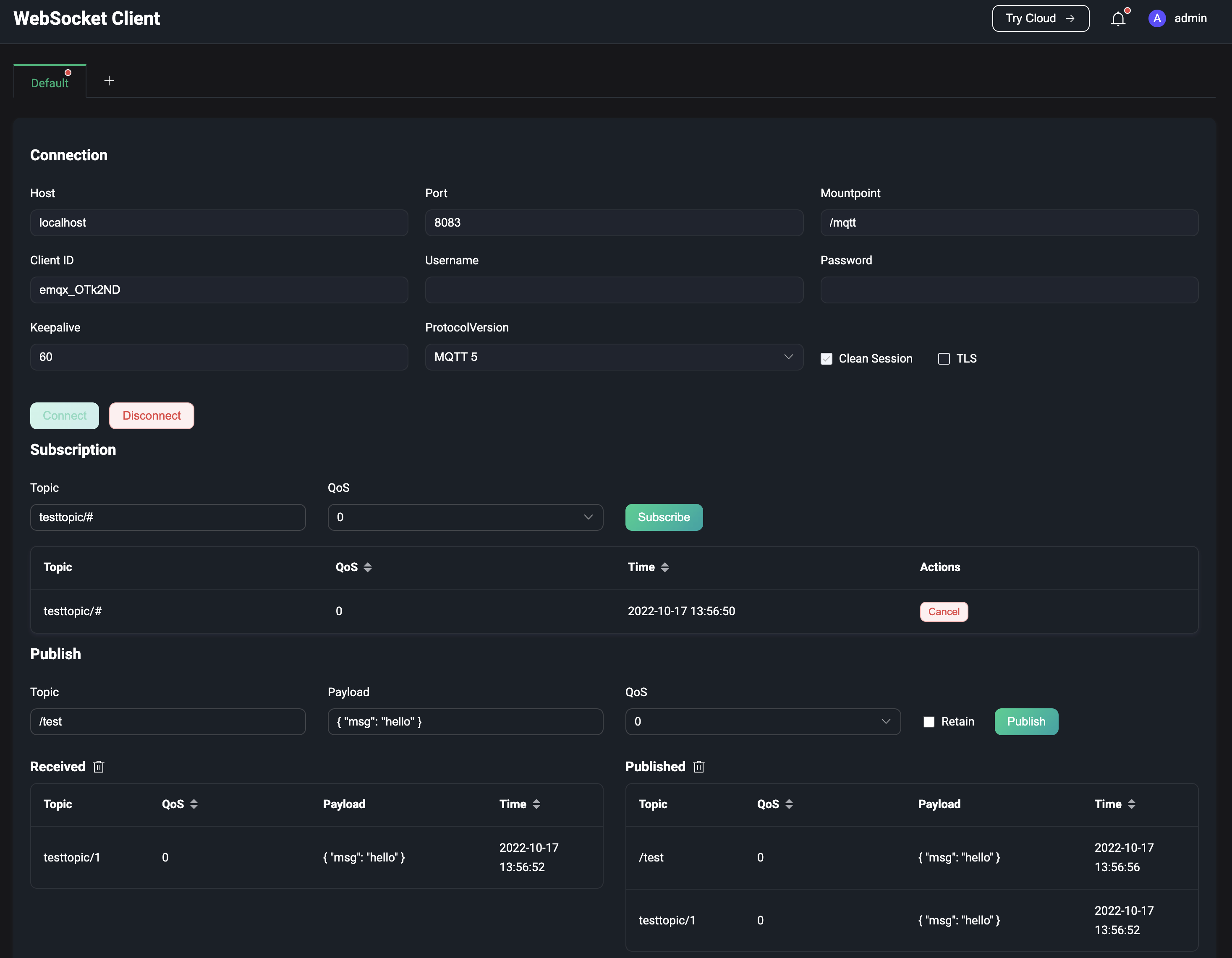 WebSocketクライアント画面