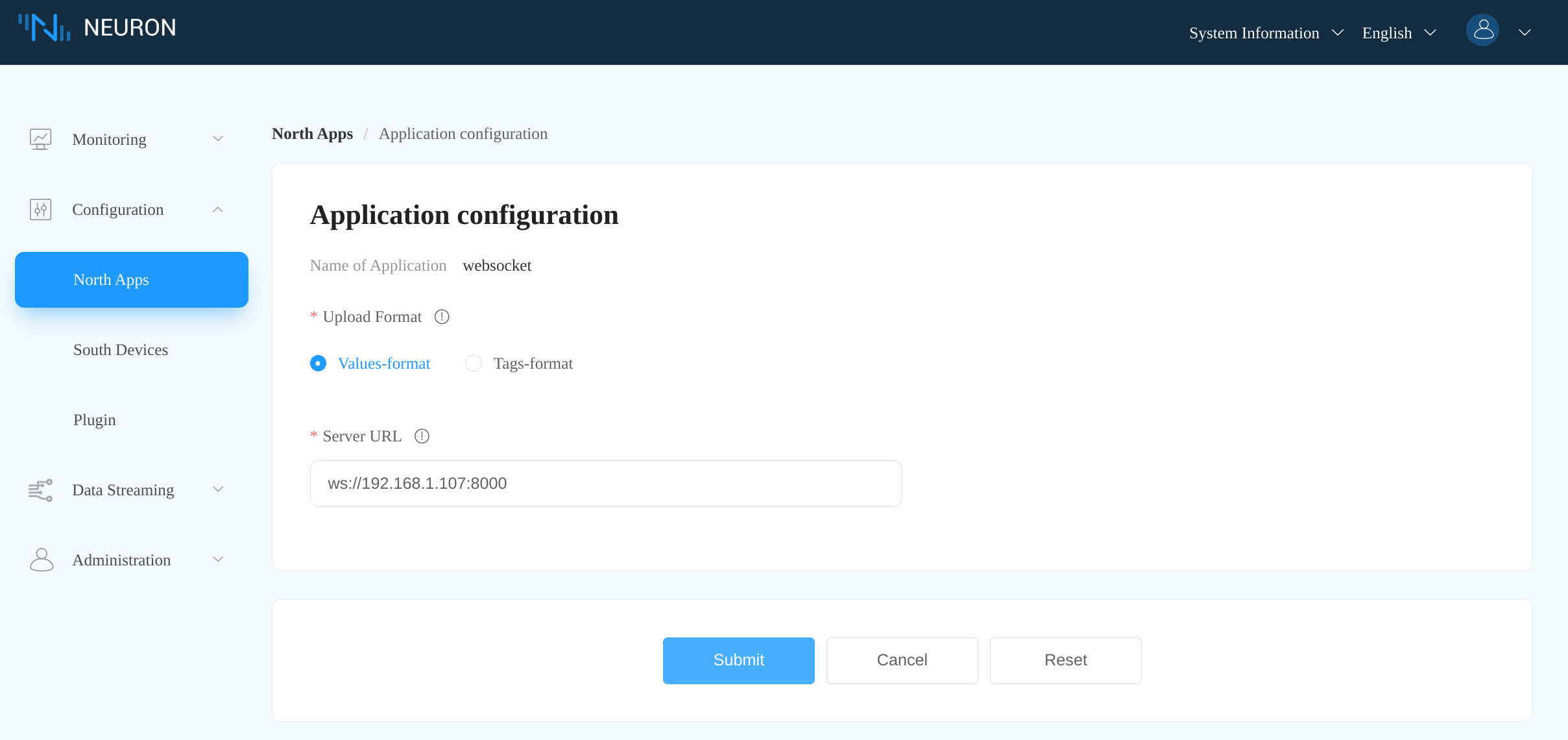 Configure websocket node in Neuron dashboard