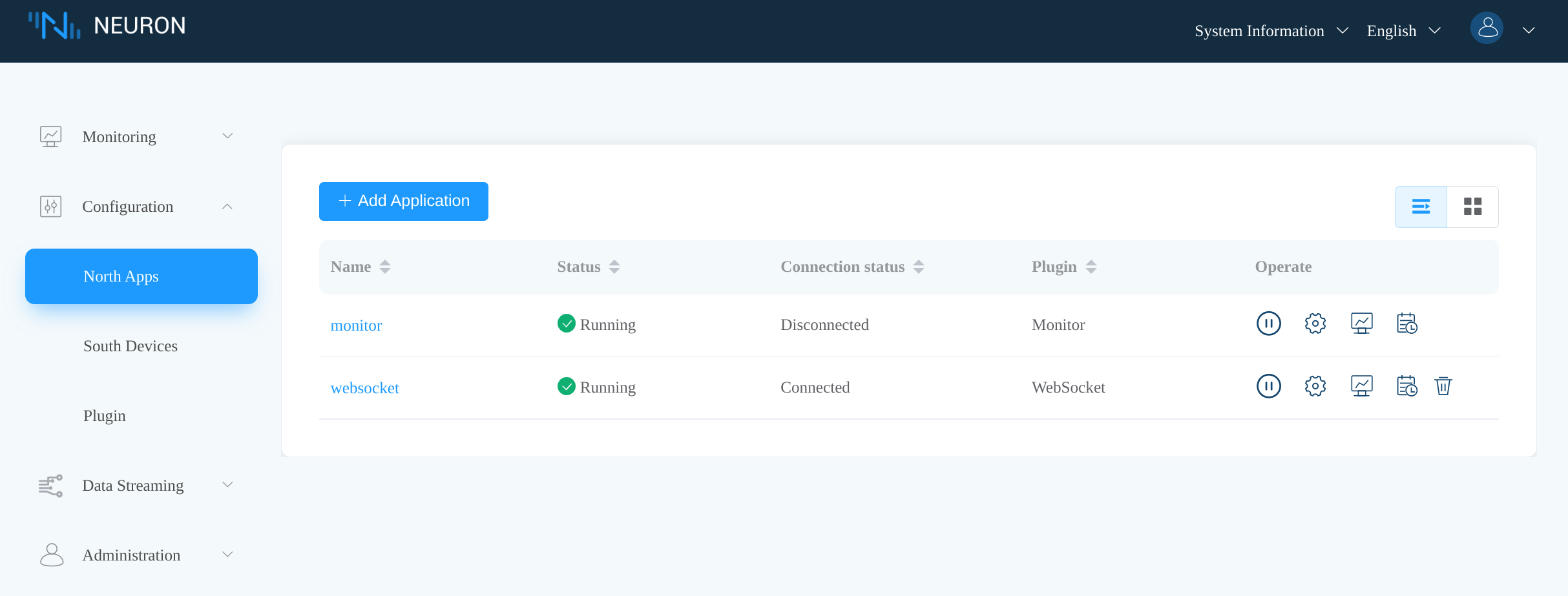 websocket node connected state in Neuron dashboard